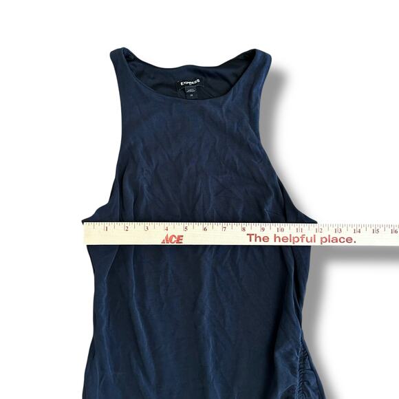 Express Women’s Black Sleeveless Ruched Midi Dress Tulip Hem Bodycon Tank XS - Picture 3 of 8